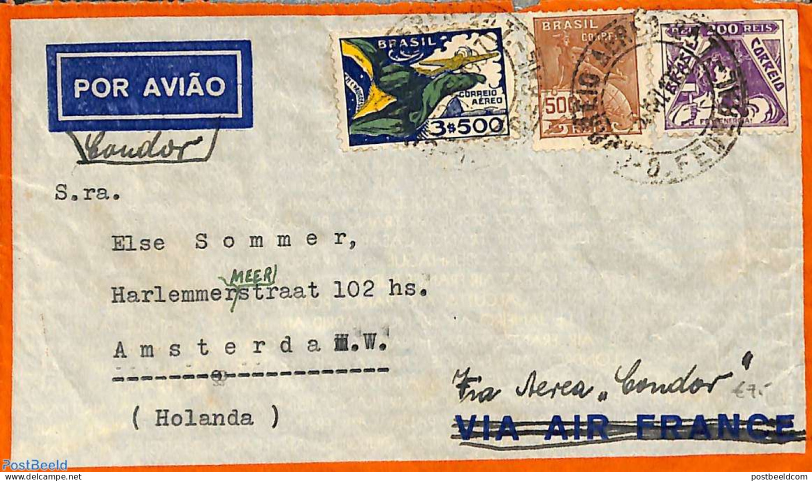 Brazil 1937 Airmail Letter To Amsterdam, Postal History - Brieven En Documenten