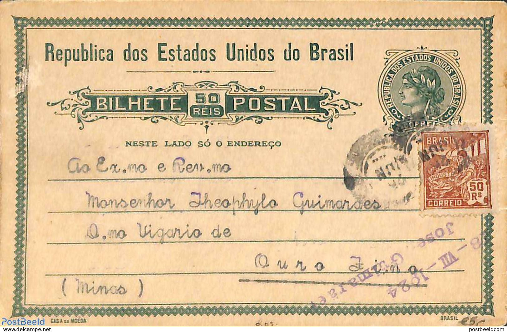 Brazil 1923 Postcard, Uprated To Ouro, Used Postal Stationary - Brieven En Documenten