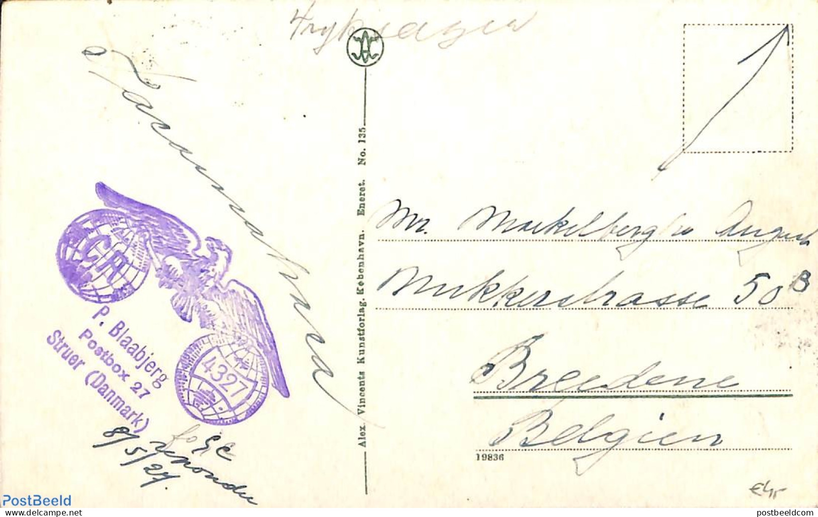 Denmark 1927 Postcard Sent To Belgium, Postal History - Briefe U. Dokumente
