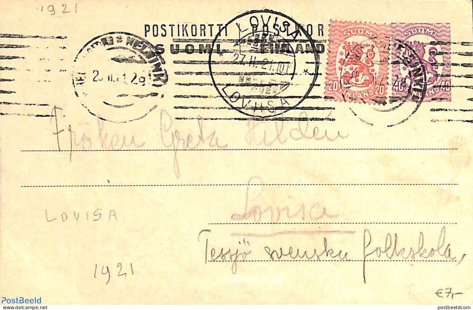 Finland 1921 Postard 40c, Uprated,  To LOVISA, Postal History - Briefe U. Dokumente