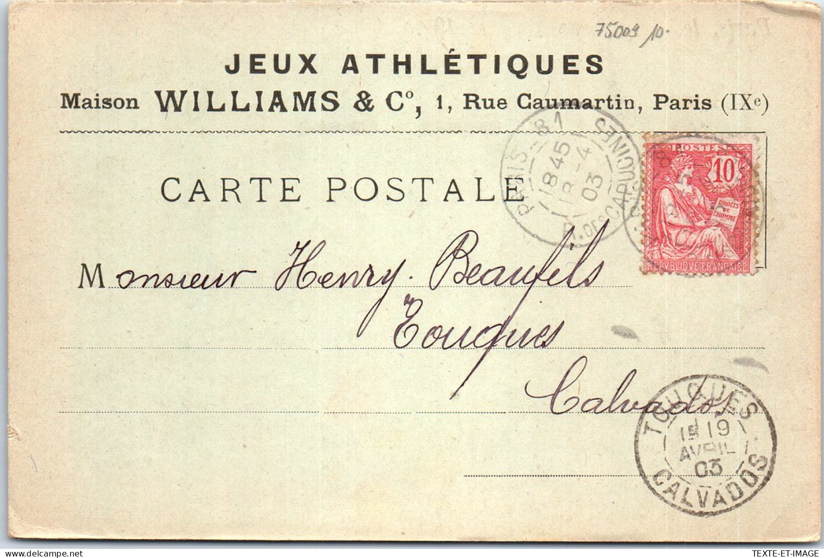 75009 PARIS - Carte Publicitaire Ets WILLIAMS Rue Caumartin  - Arrondissement: 09