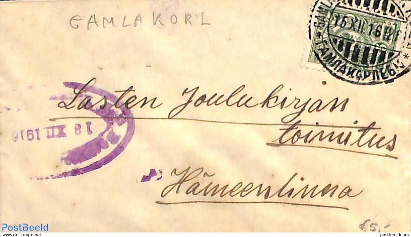 Finland 1916 Small Cover, Sent To Hämeenlinna, Postal History - Lettres & Documents