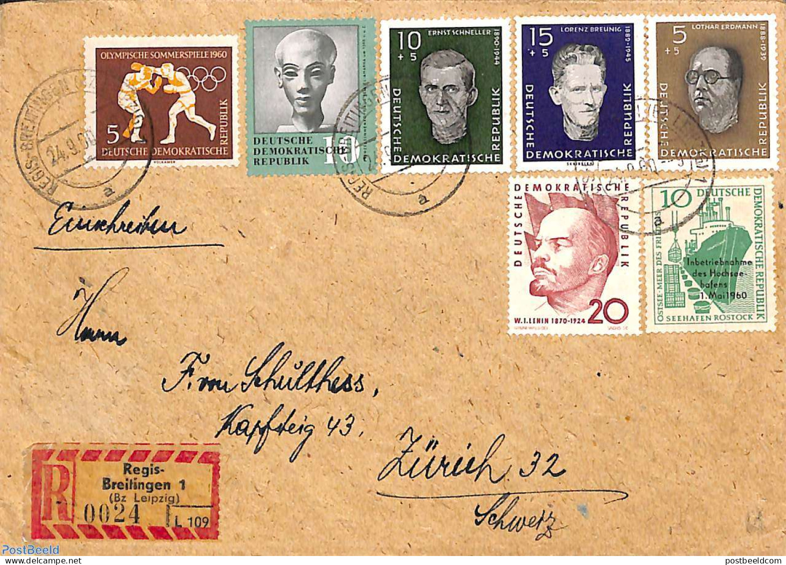 Germany, DDR 1960 Registered Letter From REGIS-BREITINGEN To Zürich, Postal History - Cartas & Documentos