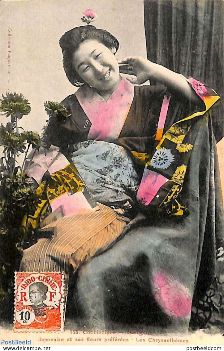 French Indochina 1912 Postcard, Japanese With Stamp On Frontside (not Sent By Post), Postal History, Various - Costumes - Disfraces