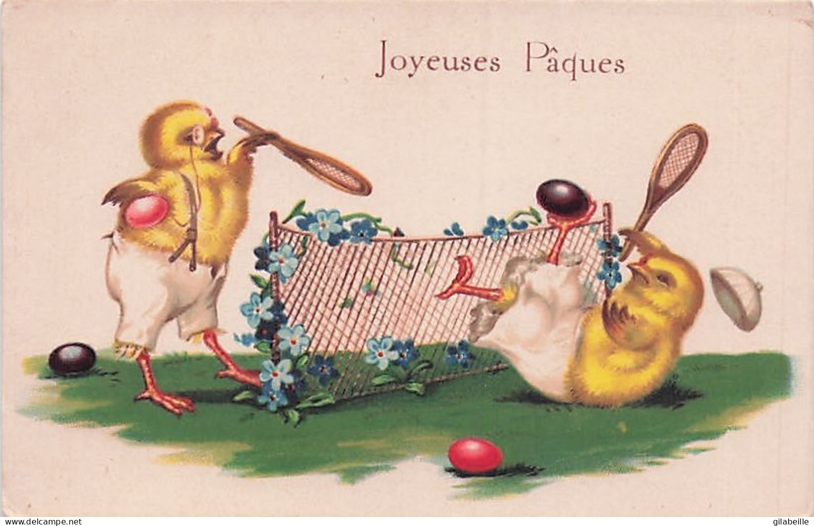 Joyeuses Pâques - Illustrateur -  Illustration De Poussins Humanisés Jouant Au Tennis -  - Easter