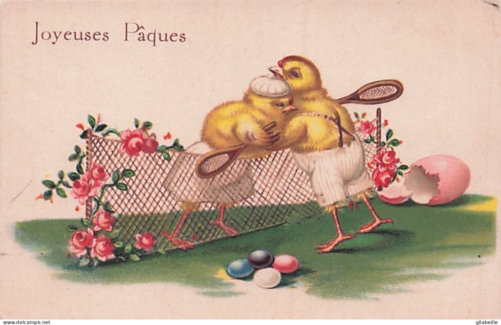 Joyeuses Pâques - Illustrateur -  Illustration De Poussins Humanisés Jouant Au Tennis -  - Pascua