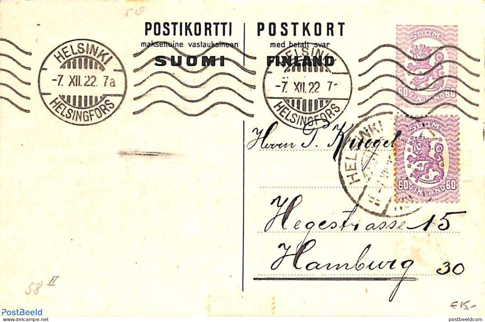 Finland 1921 Reply Paid Postcard 60/60p, Uprated To Hamburg, Used Postal Stationary - Brieven En Documenten
