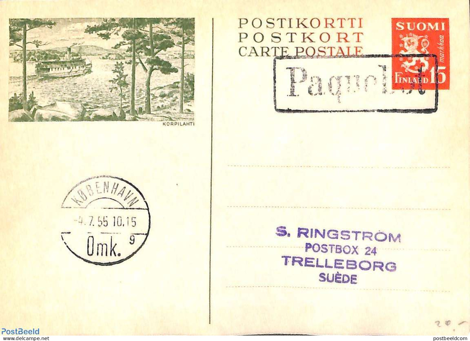 Finland 1955 Illustrated Postcard, PAQUEBOT Postmark, Used Postal Stationary - Covers & Documents