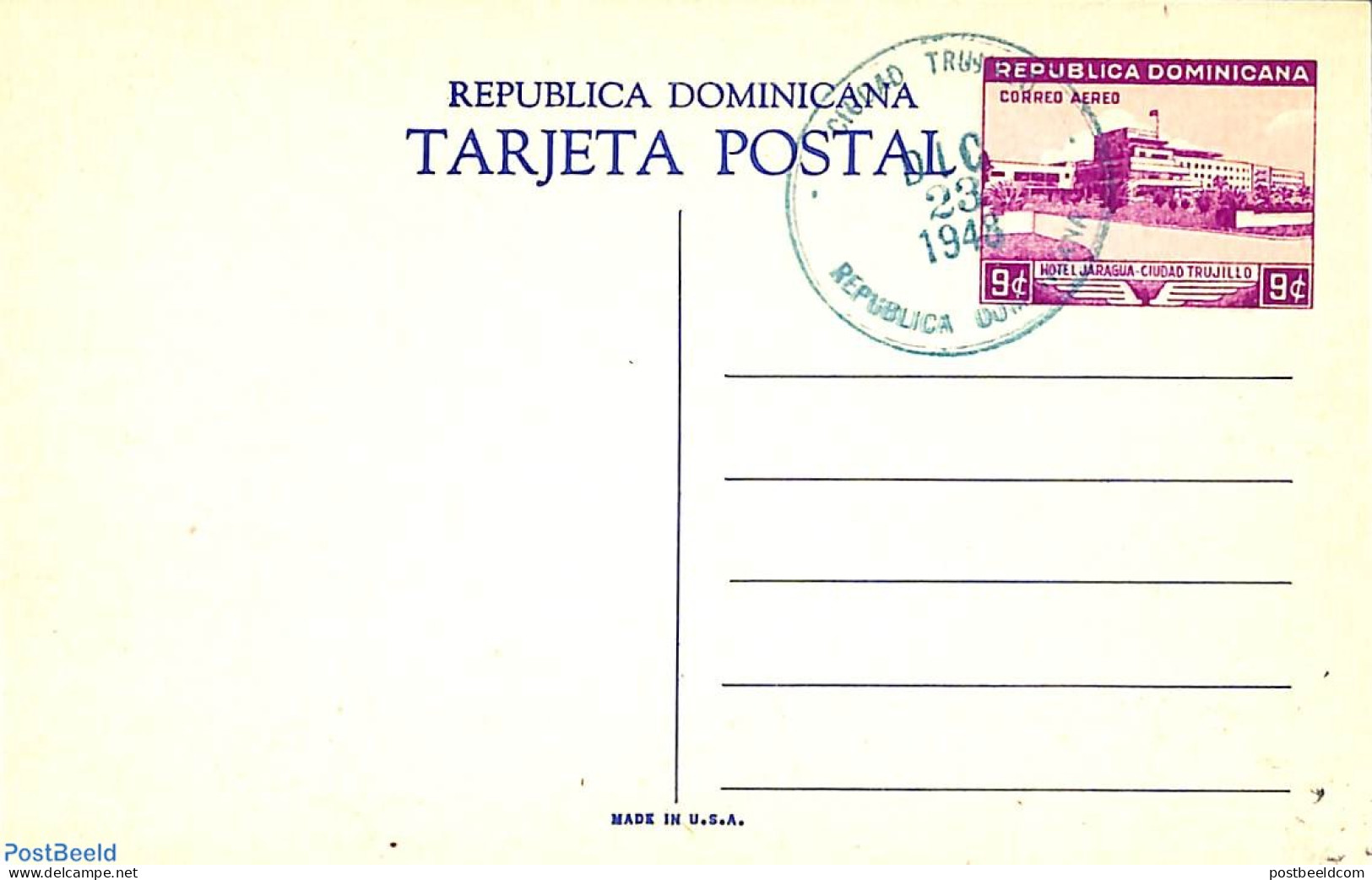 Dominican Republic 1948 Illustrated Postcard 9c, Unused With Postmark, Used Postal Stationary, Various - Hotels - Hôtellerie - Horeca