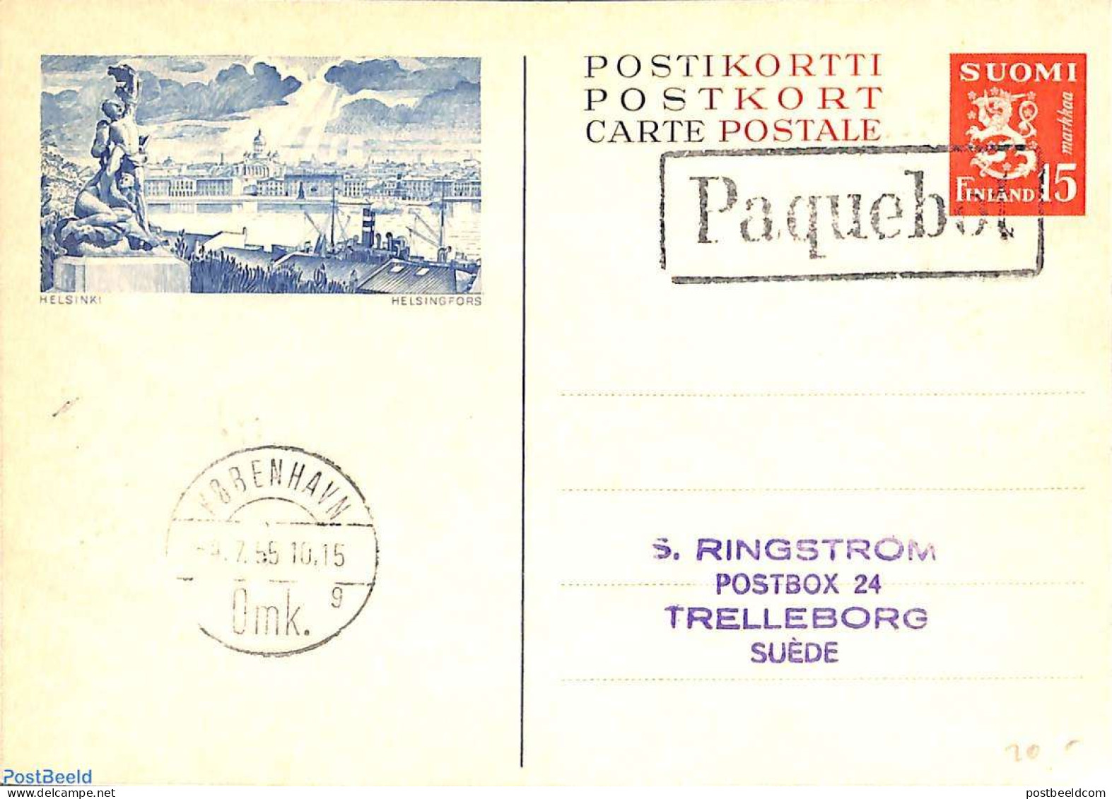 Finland 1955 Illustrated Postcard, PAQUEBOT Postmark, Used Postal Stationary - Cartas & Documentos