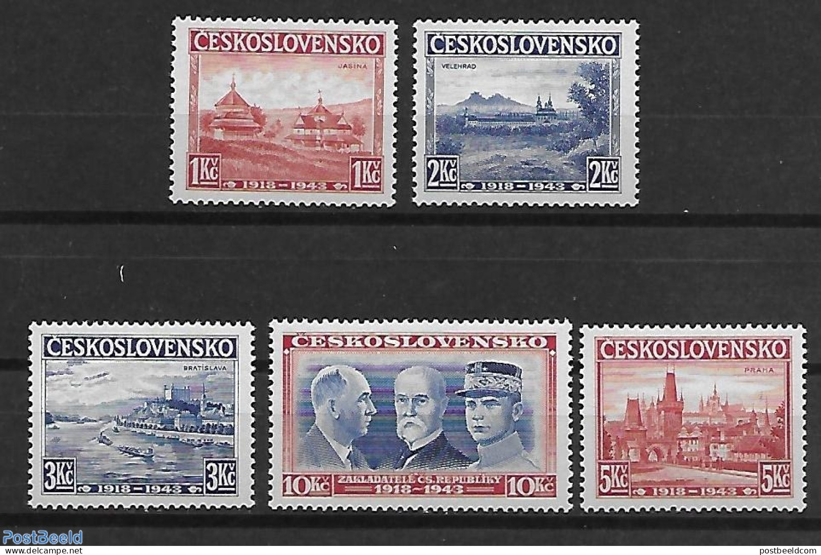 Czechoslovkia 1943 London Exhibition 5 Stamps From S/s (not Valid For Postage), Mint NH, History - World War II - Altri & Non Classificati