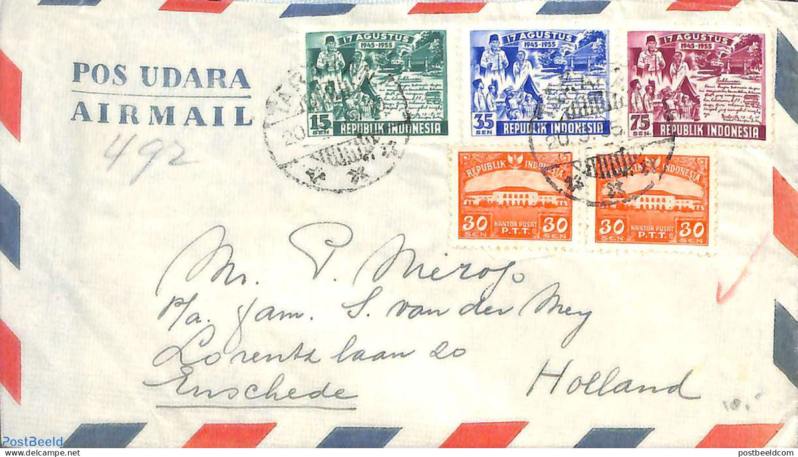 Indonesia 1955 Airmail Letter To Holland, Postal History - Indonesia