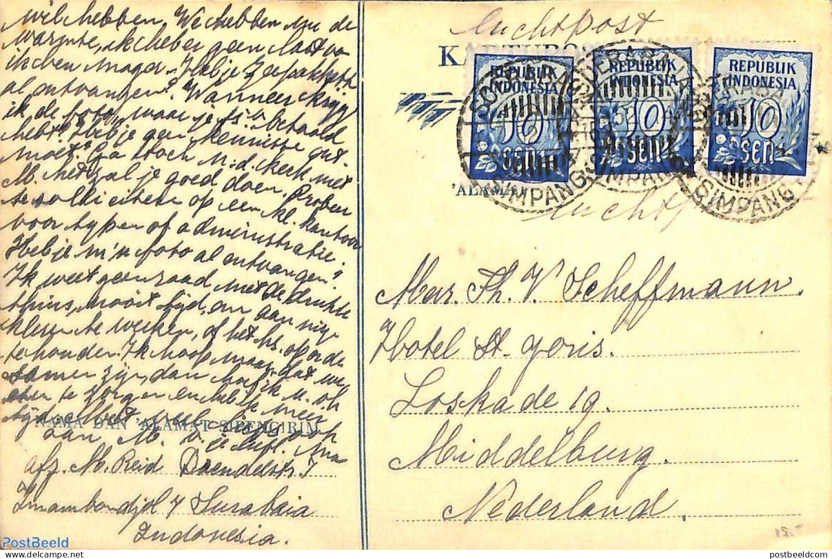 Indonesia 1952 Airmail Postcard To Holland, Postal History - Indonésie