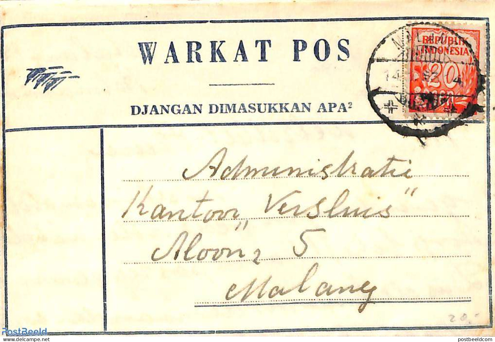 Indonesia 1953 WARKAT POS To Malang, Postal History - Indonesia