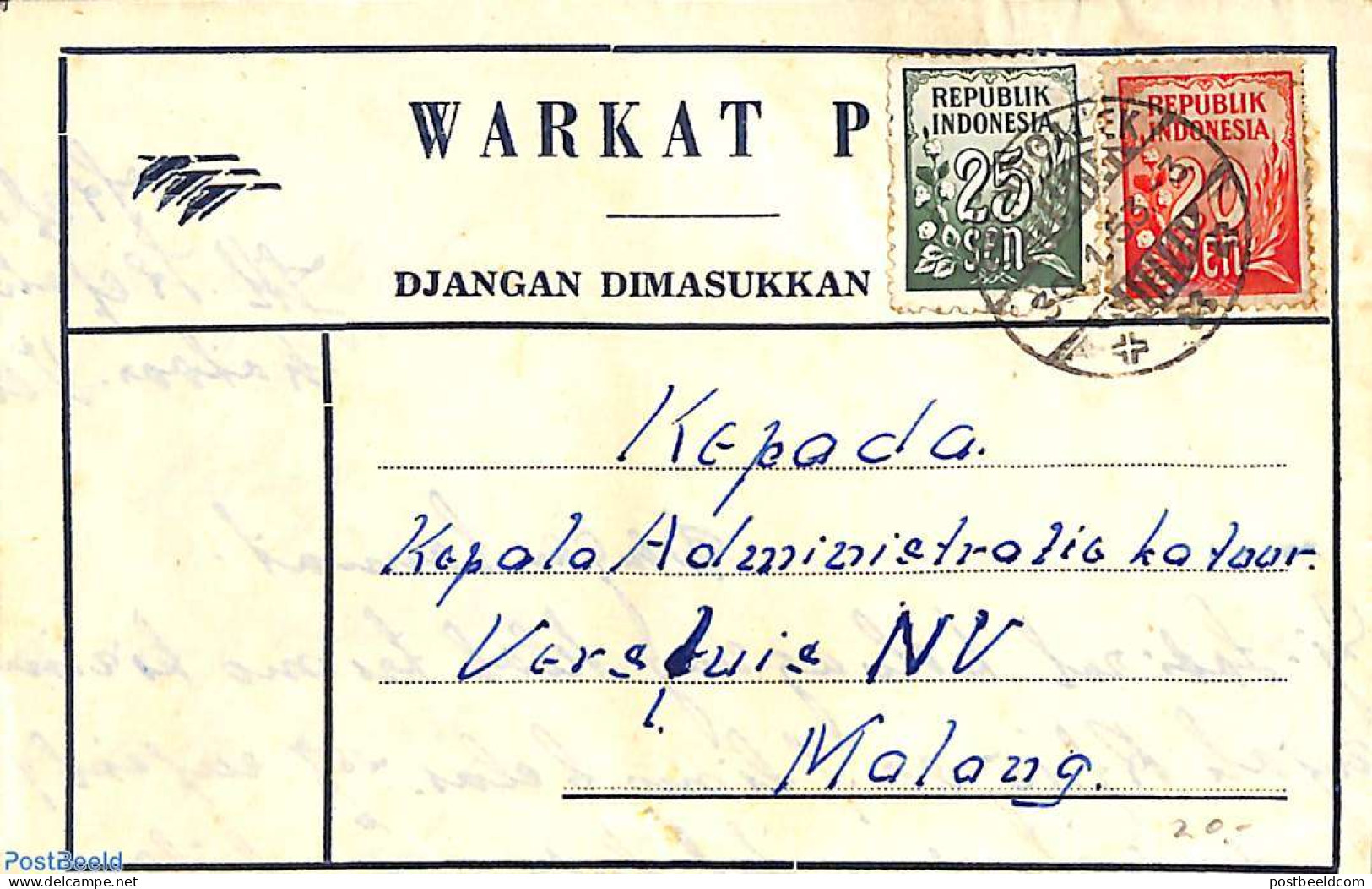 Indonesia 1953 WARKAT POS To Malang, Postal History - Indonesien