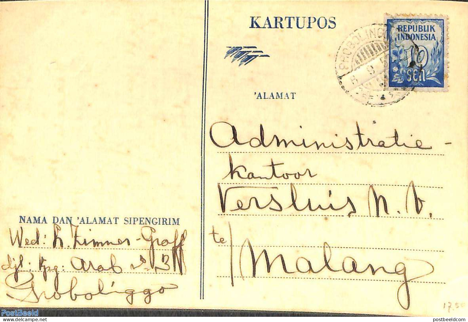 Indonesia 1952 Postcard To Malang, Postal History - Indonésie