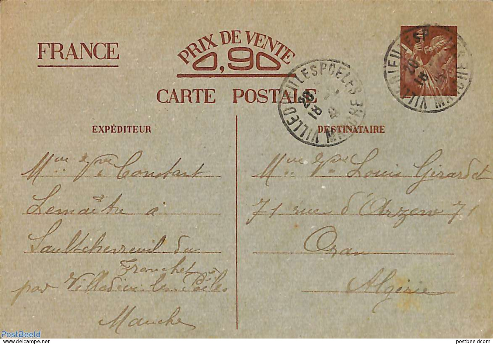 France 1942 Postcard 0.90 To Oran, Algeria, Used Postal Stationary - Cartas & Documentos