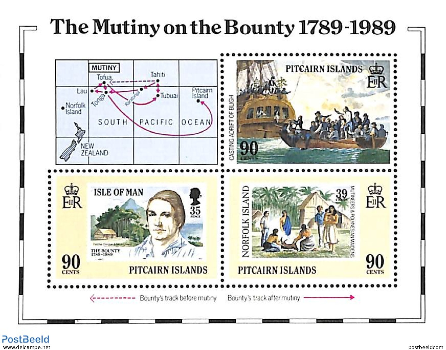 Pitcairn Islands 1989 The Mutiny On The Bounty S/s, Mint NH, Transport - Various - Stamps On Stamps - Ships And Boats .. - Briefmarken Auf Briefmarken