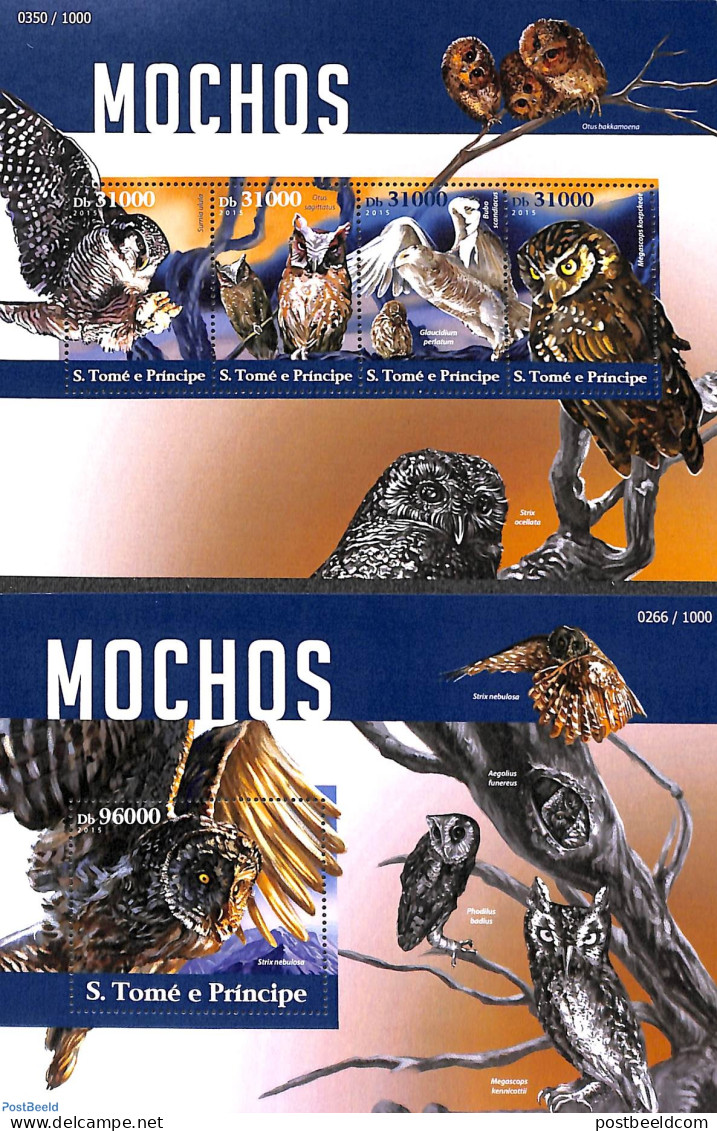 Sao Tome/Principe 2015 Owls 2 S/s, Mint NH, Nature - Birds - Birds Of Prey - Owls - Sao Tome And Principe