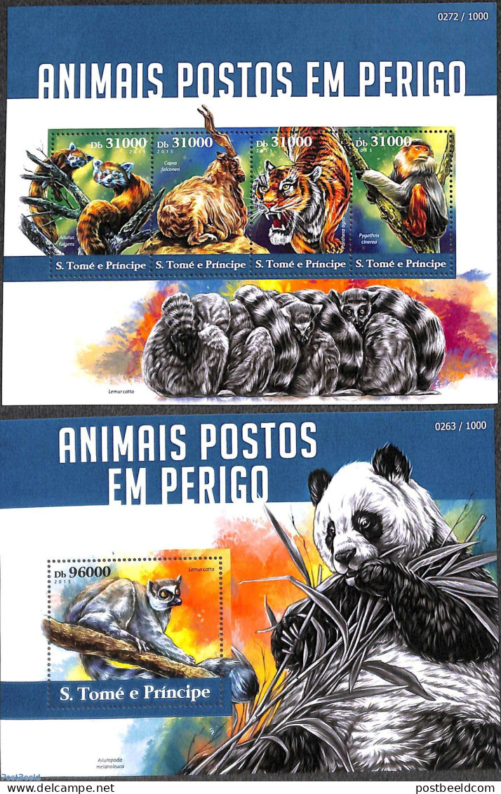 Sao Tome/Principe 2015 Endangered Animals 2 S/s, Mint NH, Nature - Animals (others & Mixed) - Cat Family - Monkeys - São Tomé Und Príncipe