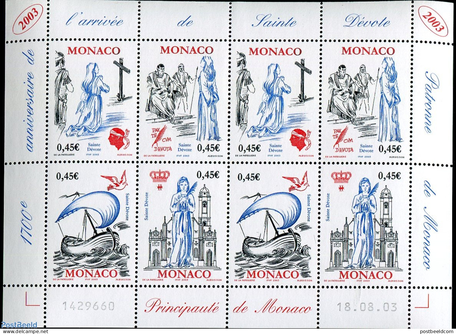 Monaco 2003 Saint Devota 4v + Block, Mint NH, Religion - Transport - Churches, Temples, Mosques, Synagogues - Religion.. - Nuevos