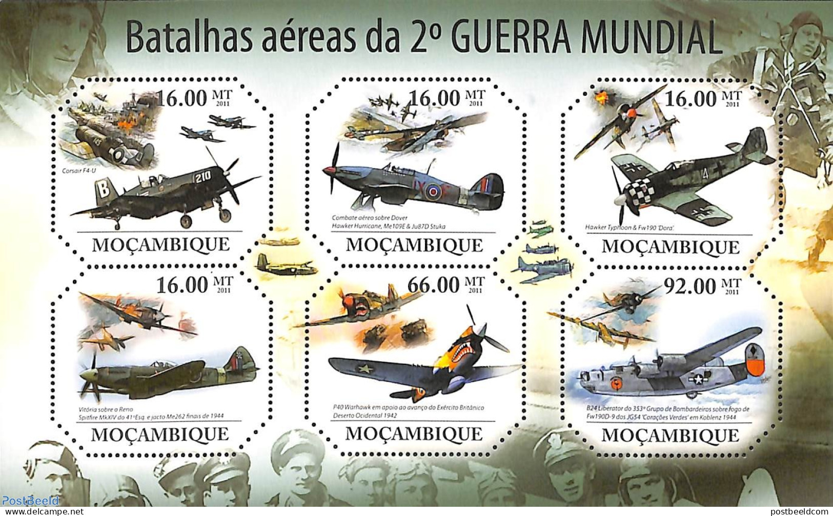 Mozambique 2011 World War II Fighters 6v M/s, Mint NH, History - Transport - World War II - Aircraft & Aviation - WW2