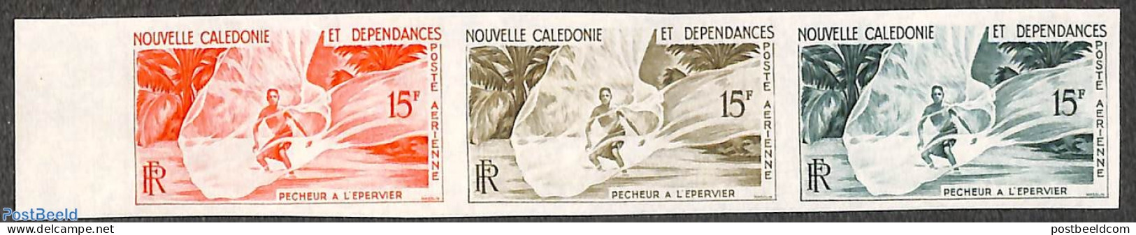 New Caledonia 1962 Fishing, Colour Proofs, Imperforated Strip Of 3 Stamps, Mint NH, Nature - Fishing - Neufs