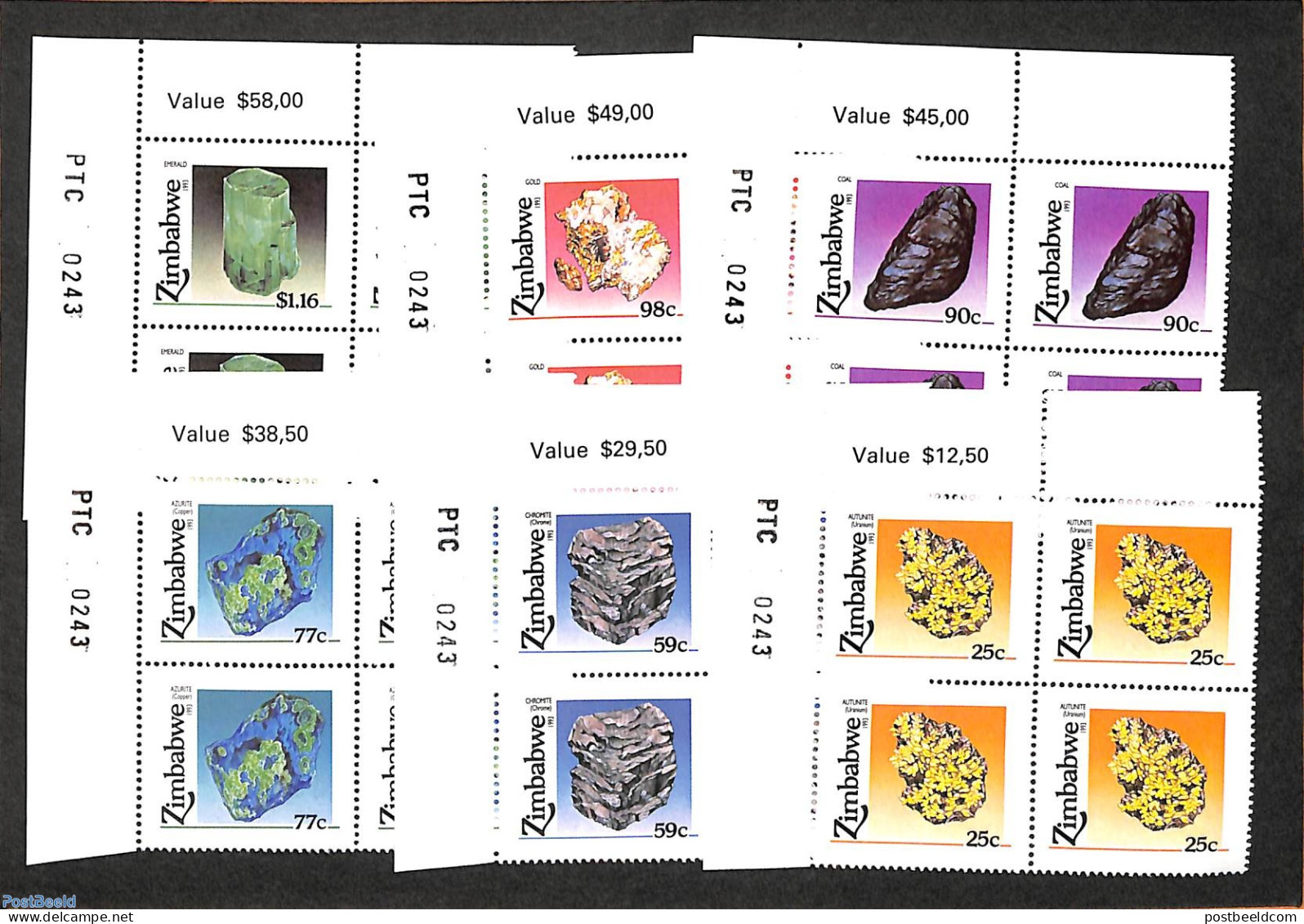 Zimbabwe 1993 Minerals, Corner Blocks Of 4 [+], Mint NH, History - Geology - Zimbabwe (1980-...)