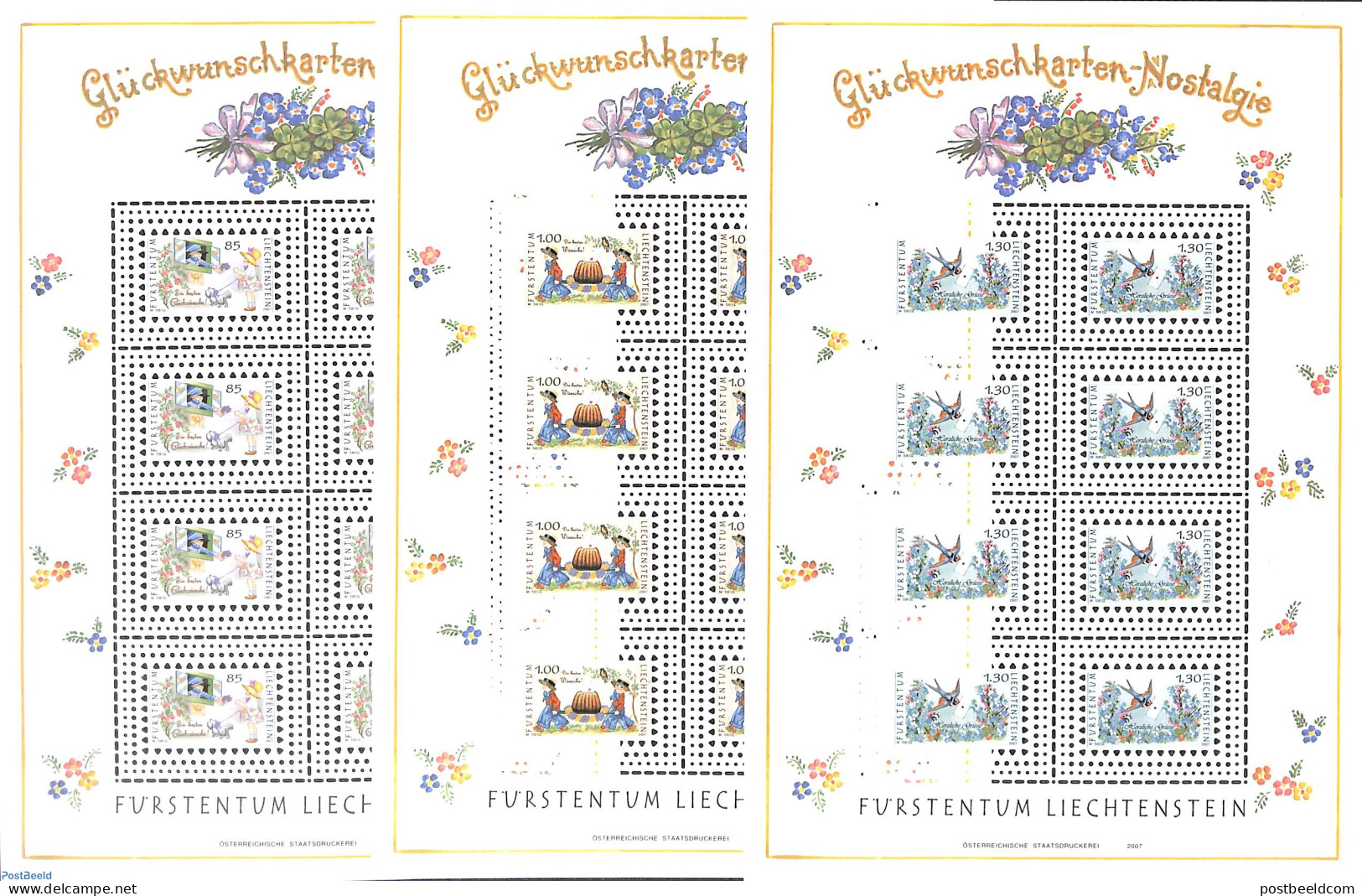 Liechtenstein 2007 Wishing Stamps 3 M/s, Mint NH, Nature - Various - Birds - Textiles - Nuevos
