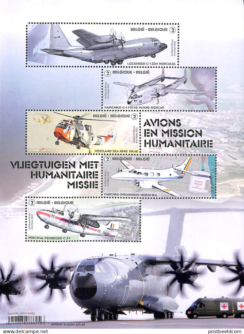 Belgium 2022 Planes Used In Humanitary Missions M/s, Mint NH, Health - Transport - Red Cross - Helicopters - Aircraft .. - Unused Stamps