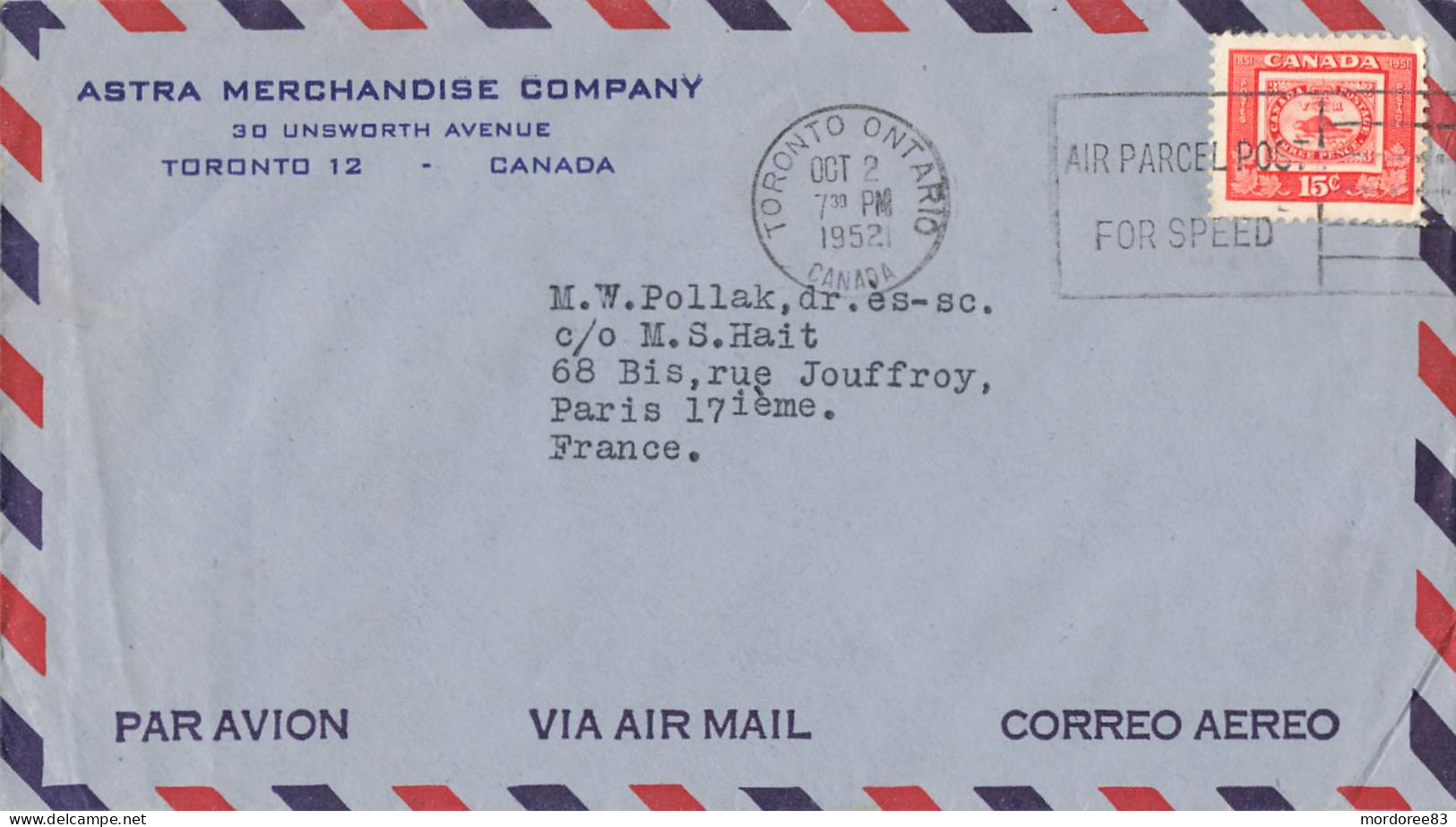 COVER ASTRA MERCHANDISE AIR MAIL TORONTO 2/10/1952 FROM FRANCE PARIS - Covers & Documents