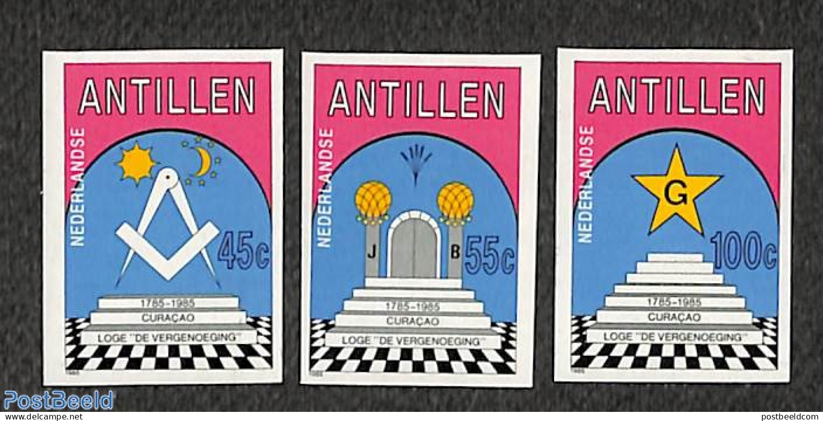 Netherlands Antilles 1985 Loge De Vergenoeging 3v, Imperforated, Mint NH, Various - Freemasonry - Francmasonería
