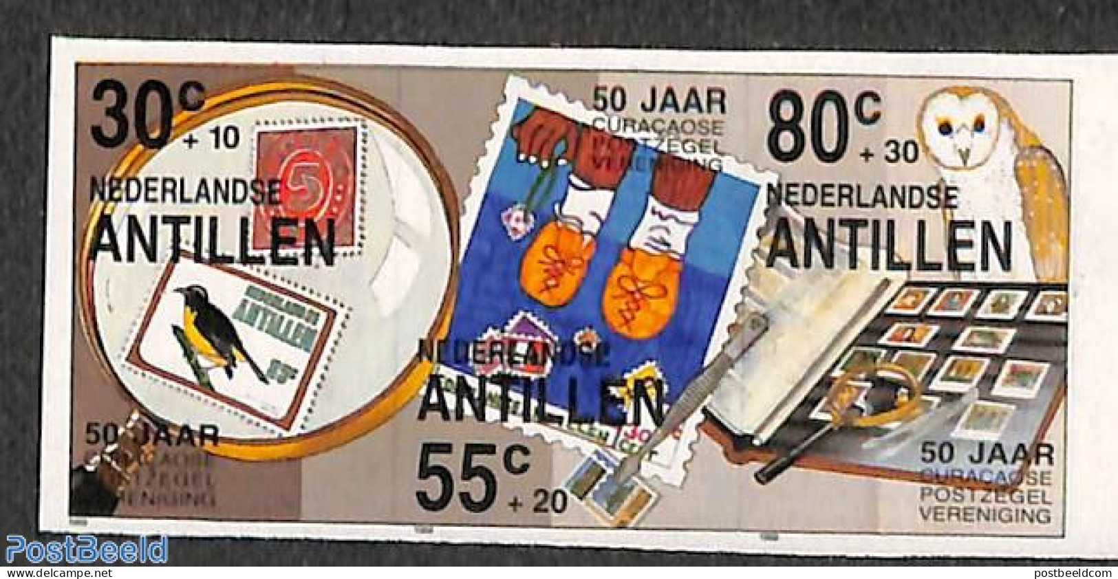 Netherlands Antilles 1989 Stamp Association 3v, Imperforated, Mint NH, Nature - Birds - Owls - Philately - Stamps On S.. - Timbres Sur Timbres