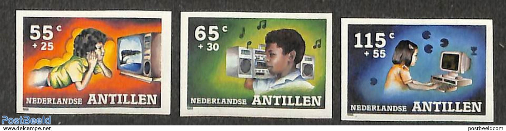 Netherlands Antilles 1988 Child Welfare 3v, Imperforated, Mint NH, Science - Computers & IT - Computers