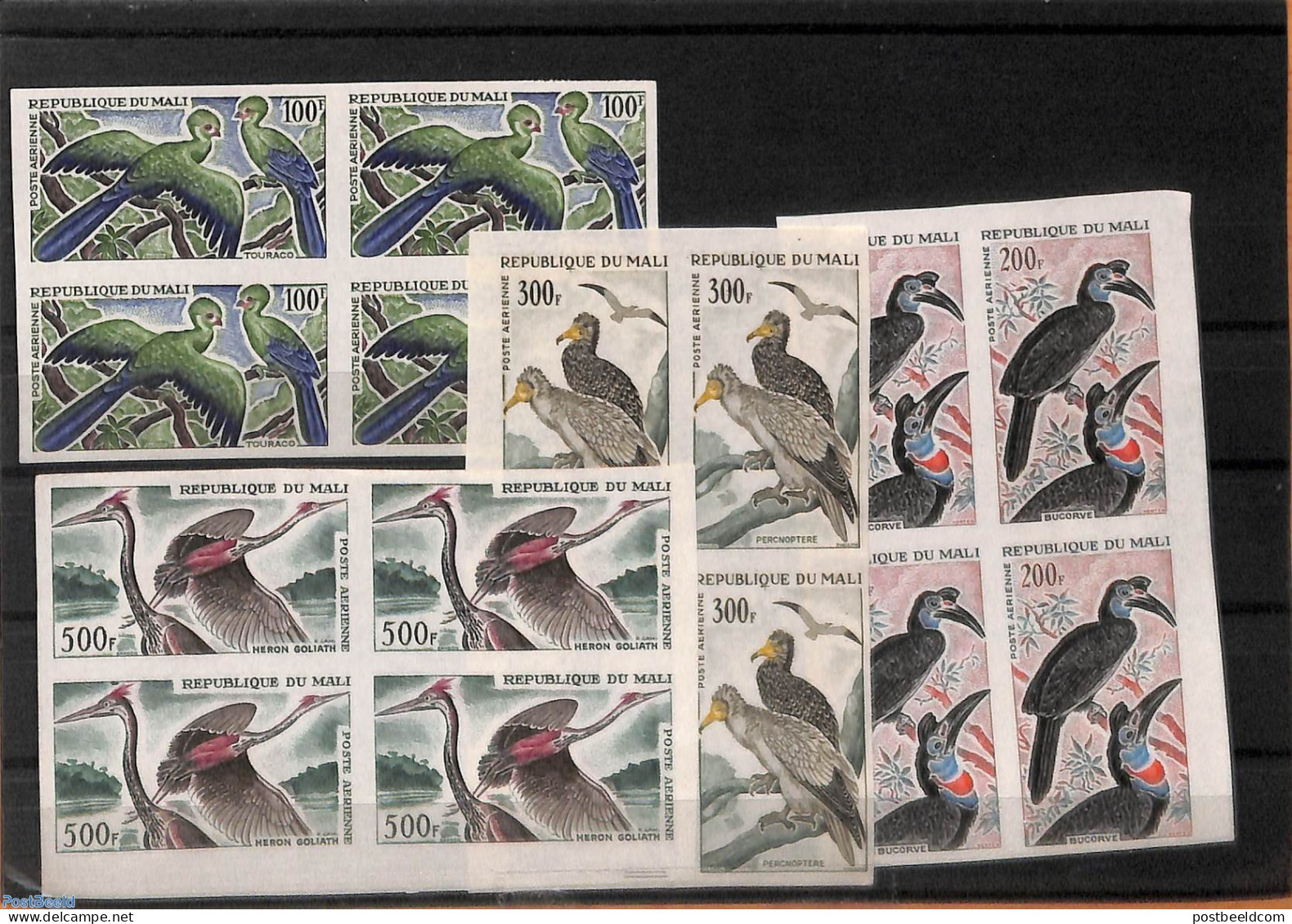 Mali 1965 Birds 4v, Imperforated In Blocks Of 4 (never Gummed), Mint NH, Nature - Birds - Mali (1959-...)
