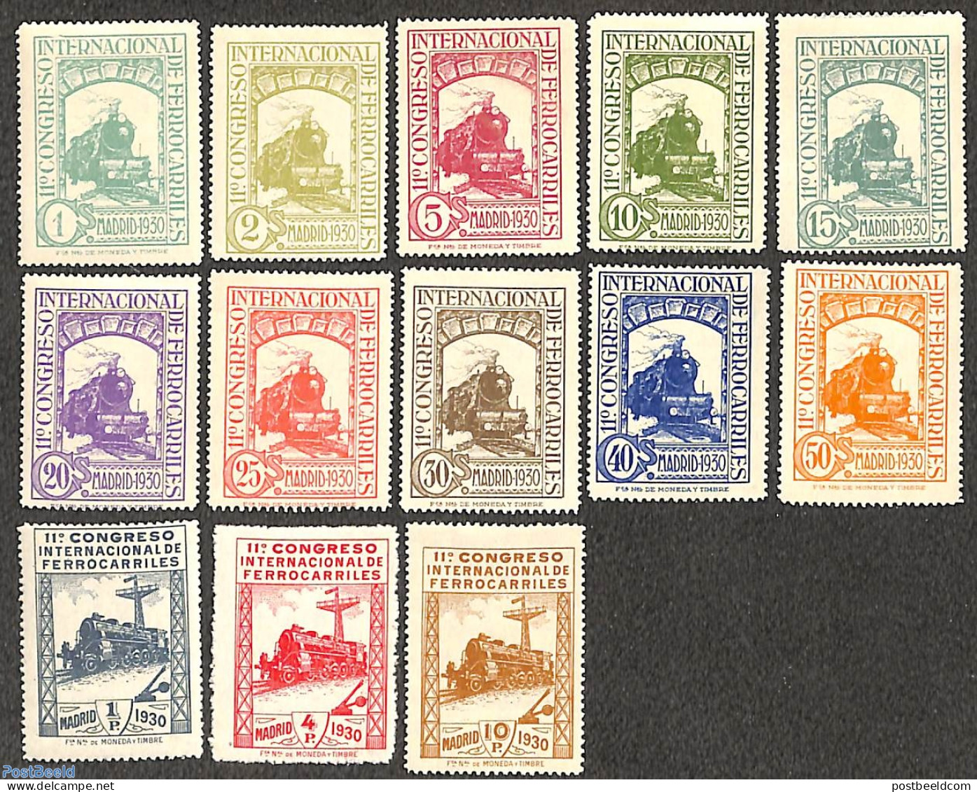 Spain 1930 Railways Congress 13v, Unused (hinged), Transport - Railways - Unused Stamps