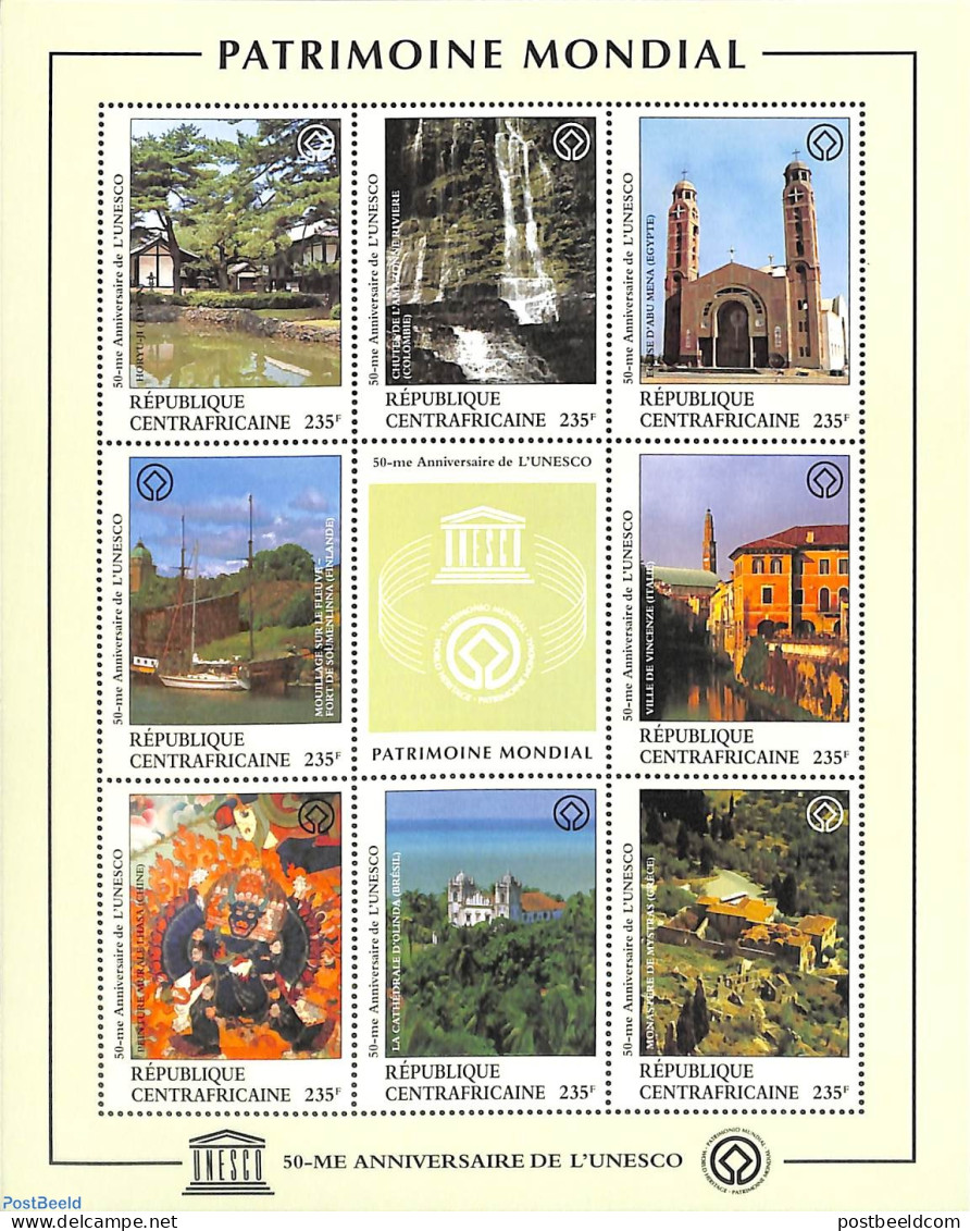 Central Africa 1997 UNESCO World Heritage 8v M/s, Mint NH, History - Nature - Religion - Transport - Unesco - World He.. - Chiese E Cattedrali