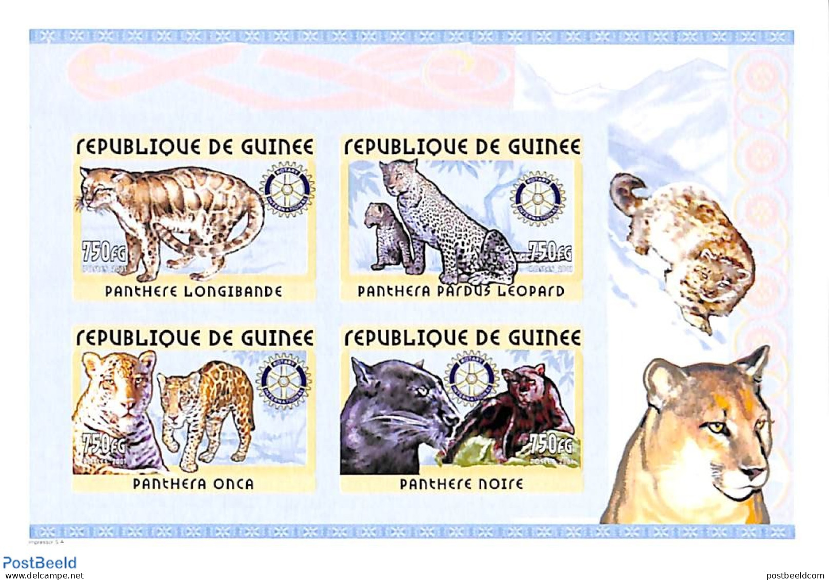 Guinea, Republic 2001 Panthers, Rotary 4v M/s Imperforated, Mint NH, Nature - Various - Cat Family - Rotary - Rotary, Lions Club