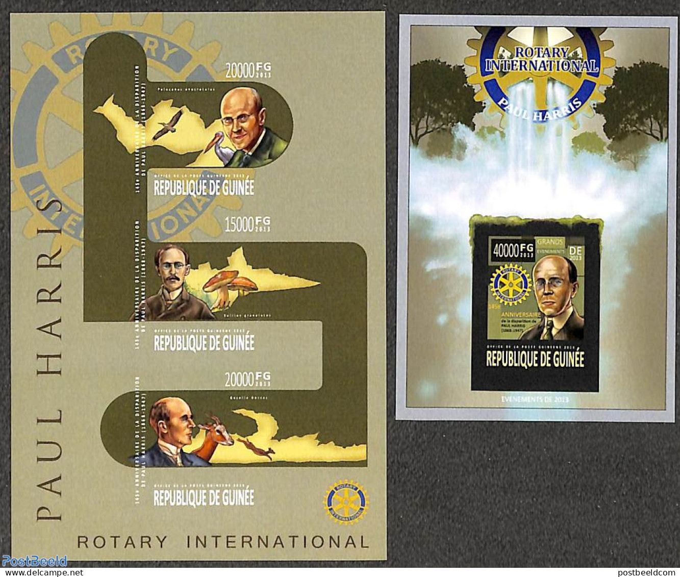 Guinea, Republic 2013 Rotary 2 S/s Imperforated, Mint NH, Nature - Various - Birds - Mushrooms - Rotary - Champignons