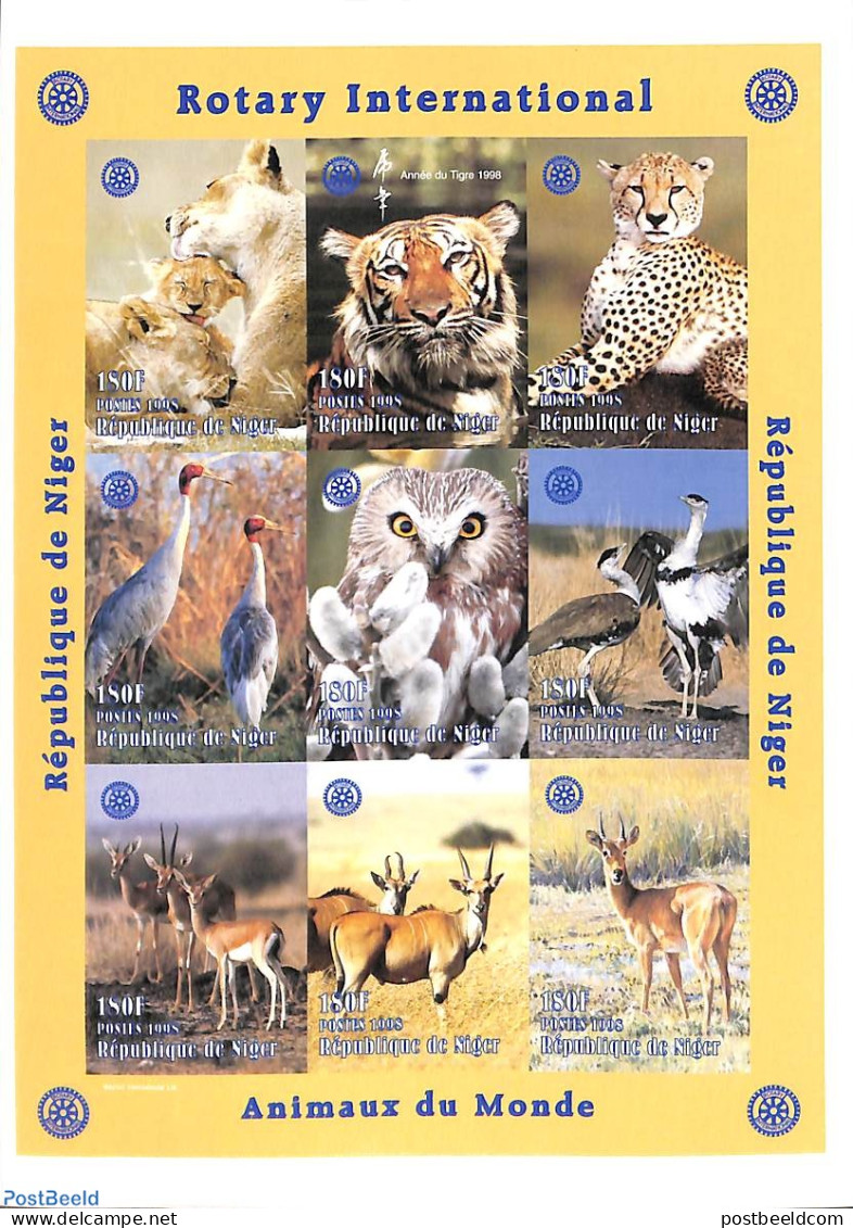 Niger 1988 Animals 9v M/s, Imperforated, Mint NH, Nature - Various - Animals (others & Mixed) - Birds - Cat Family - O.. - Rotary Club