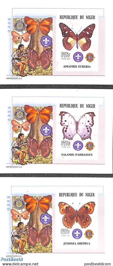 Niger 2002 Butterflies, Scouting 3 S/s, Imperforated, Mint NH, Nature - Sport - Various - Butterflies - Scouting - Lio.. - Rotary Club