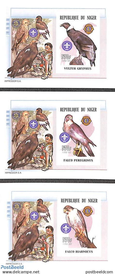 Niger 2002 Scouting, Birds Of Prey 3 S/s, Imperforated, Mint NH, Nature - Sport - Various - Birds - Birds Of Prey - Sc.. - Rotary, Lions Club