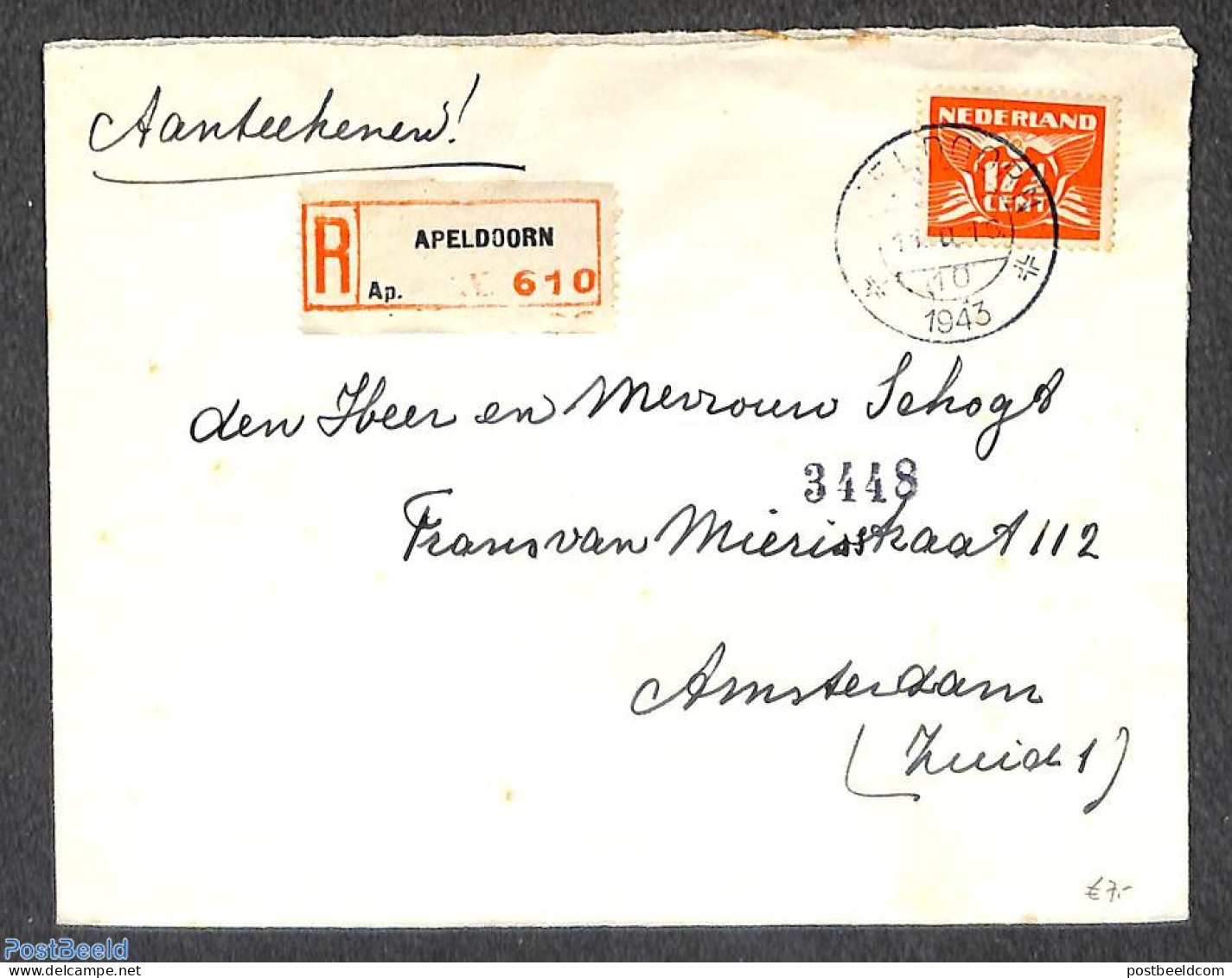 Netherlands 1943 17.5c On Registered Cover, Postal History - Covers & Documents