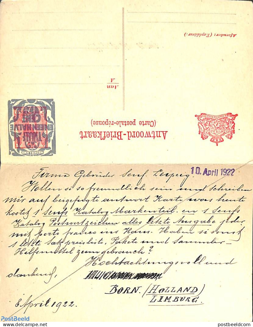 Netherlands 1921 Reply Paid Postcard 12.5c On 5c, Used Postal Stationary - Storia Postale