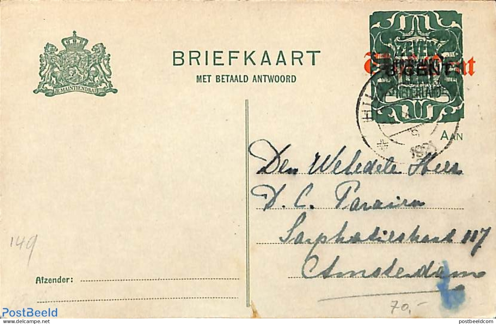 Netherlands 1921 Reply Paid Postcard 7.5+7.5on5+5on3+3c, Used Postal Stationary - Storia Postale