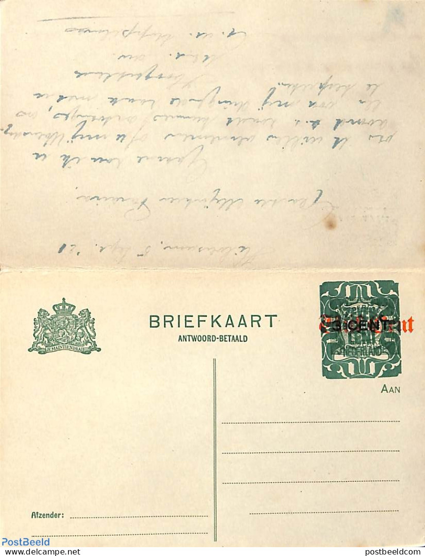 Netherlands 1921 Reply Paid Postcard 7.5+7.5on5+5on3+3c, Used Postal Stationary - Briefe U. Dokumente