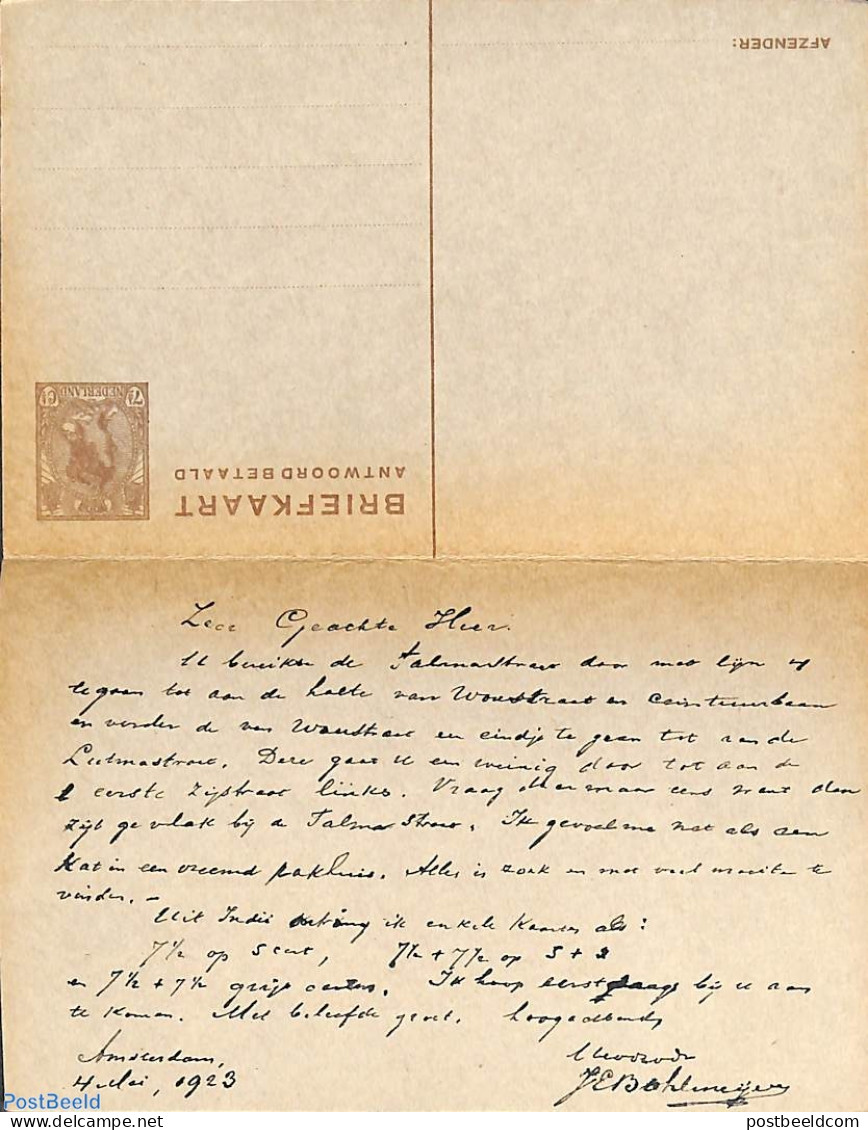Netherlands 1922 Reply Paid Postcard 7.5/7.5c, Used Postal Stationary - Cartas & Documentos