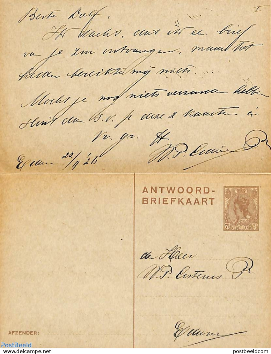 Netherlands 1923 Reply Paid Postcard 7.5/7.5c, Used Postal Stationary - Cartas & Documentos