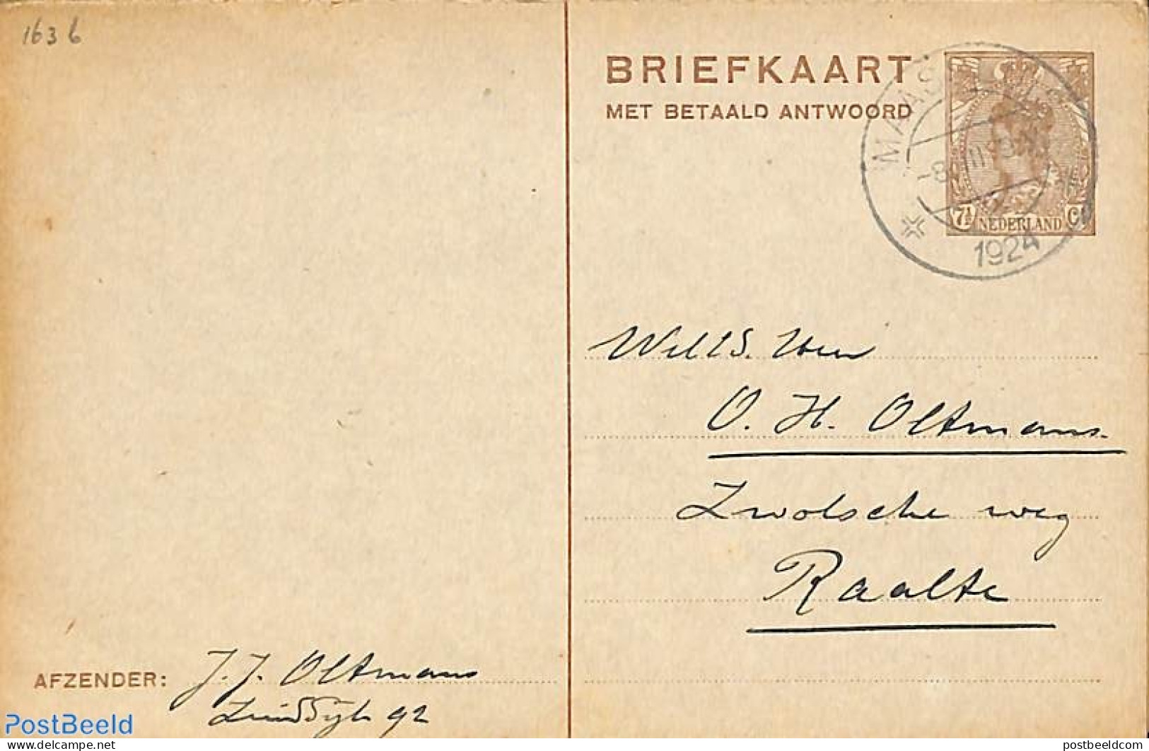 Netherlands 1924 Reply Paid Postcard 7.5/7.5c, Used Postal Stationary - Briefe U. Dokumente