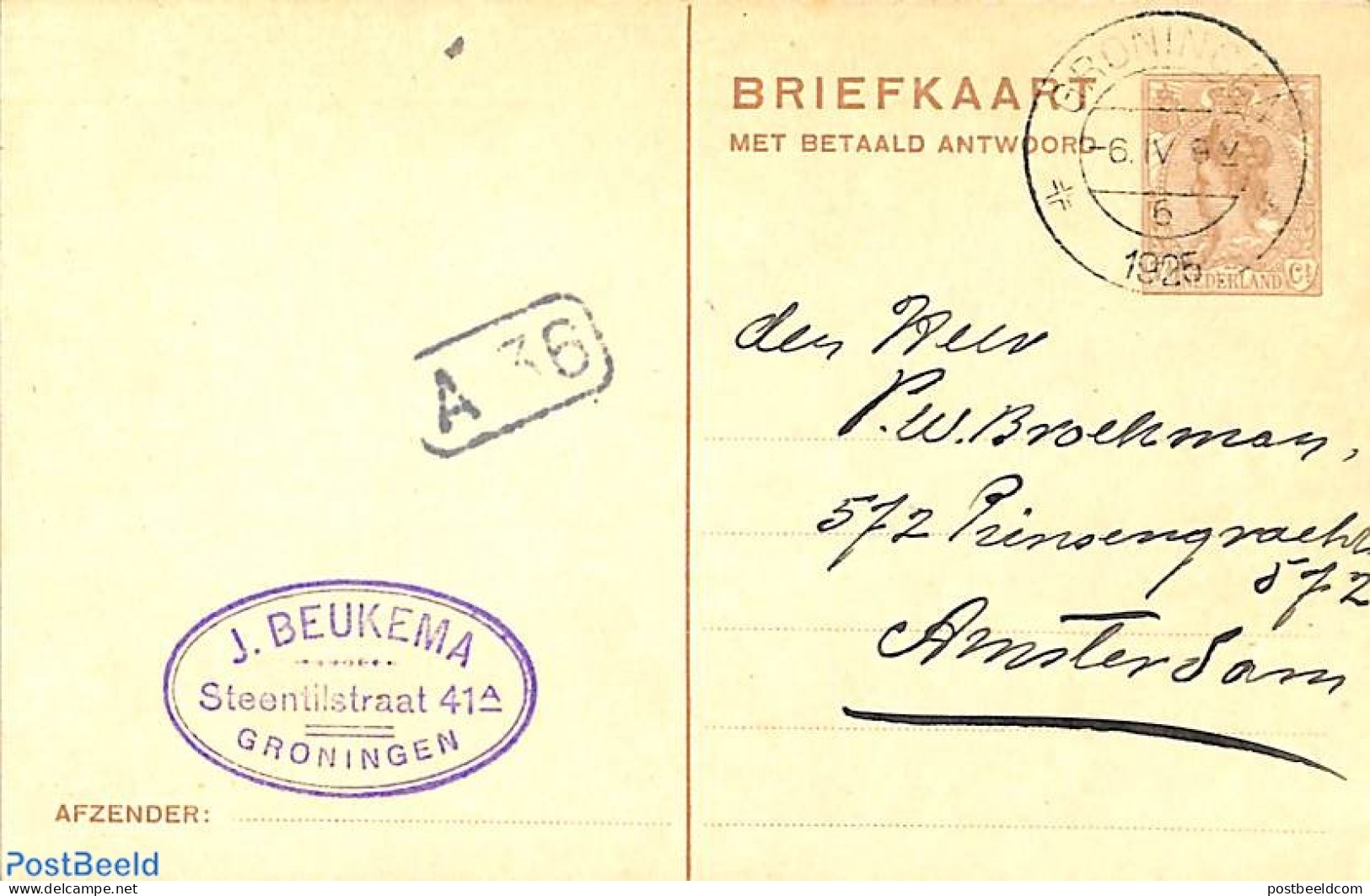 Netherlands 1925 Reply Paid Postcard 7.5/7.5c, Used Postal Stationary - Briefe U. Dokumente